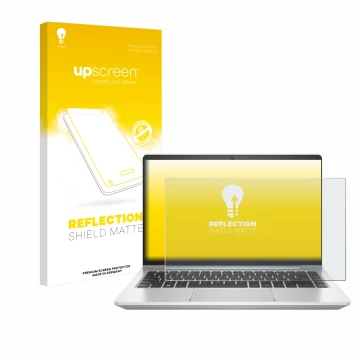 Face avant d’un emballage produit avec le logo de la marque upscreen. À côté, l’appareil HP ProBook 445 G9 est représenté avec