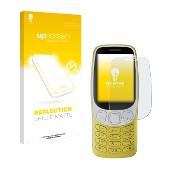 Face avant d’un emballage produit avec le logo de la marque upscreen. À côté, l’appareil Nokia 3210 est représenté avec la pro