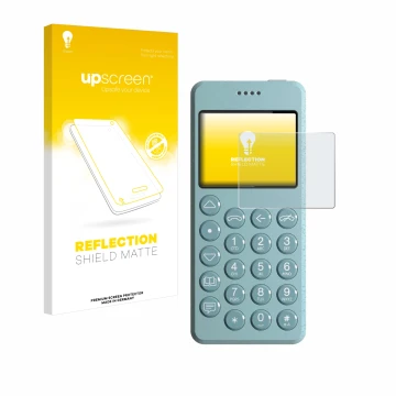 Face avant d’un emballage produit avec le logo de la marque upscreen. À côté, l’appareil Punkt MP02 est représenté avec la pro