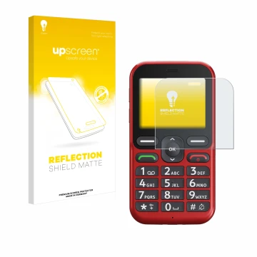 Face avant d’un emballage produit avec le logo de la marque upscreen. À côté, l’appareil Doro Leva L10 est représenté avec la 