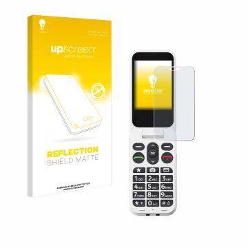 Face avant d’un emballage produit avec le logo de la marque upscreen. À côté, l’appareil Doro Leva L20 est représenté avec la 