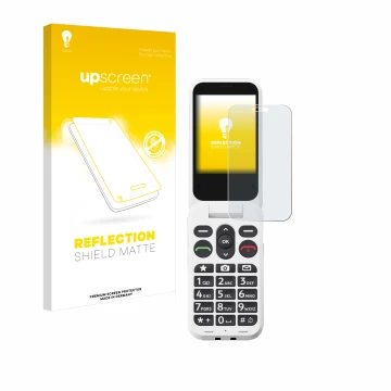 Face avant d’un emballage produit avec le logo de la marque upscreen. À côté, l’appareil Doro Leva L30 est représenté avec la 