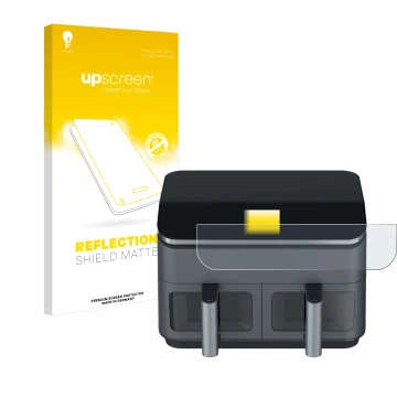 Face avant d’un emballage produit avec le logo de la marque upscreen. À côté, l’appareil Cosori CAF-R9 est représenté avec la 