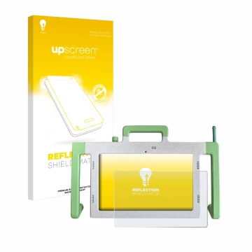 Face avant d’un emballage produit avec le logo de la marque upscreen. À côté, l’appareil Telemarie Tablet 10.1