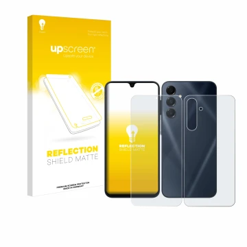 Face avant d’un emballage produit avec le logo de la marque upscreen. À côté, l’appareil Samsung Galaxy A16 4G (Avant+Arrière)