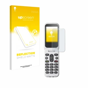 Face avant d’un emballage produit avec le logo de la marque upscreen. À côté, l’appareil Doro 2820 est représenté avec la prot