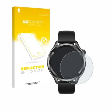 Face avant d’un emballage produit avec le logo de la marque upscreen. À côté, l’appareil Xiaomi Watch S4 (47 mm) est représent