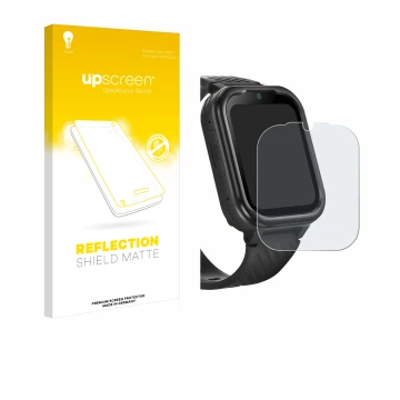 Face avant d’un emballage produit avec le logo de la marque upscreen. À côté, l’appareil RAYOFI Kids Smartwatch est représenté