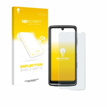 Face avant d’un emballage produit avec le logo de la marque upscreen. À côté, l’appareil Crosscall Stellar M6 est représenté a