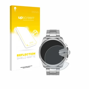 Face avant d’un emballage produit avec le logo de la marque upscreen. À côté, l’appareil Diesel Mega Chief DZ4417 est représen
