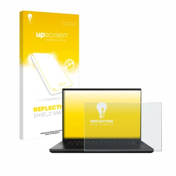 Face avant d’un emballage produit avec le logo de la marque upscreen. À côté, l’appareil Razer Blade 16 2024 est représenté av