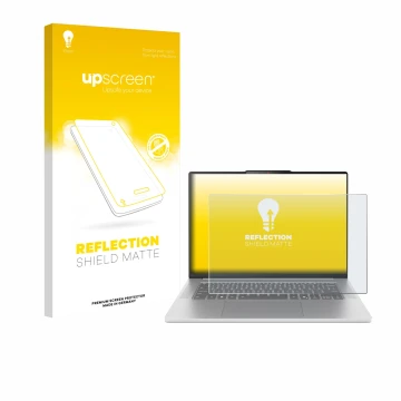 Face avant d’un emballage produit avec le logo de la marque upscreen. À côté, l’appareil Lenovo IdeaPad Slim 5 Gen 10 15
