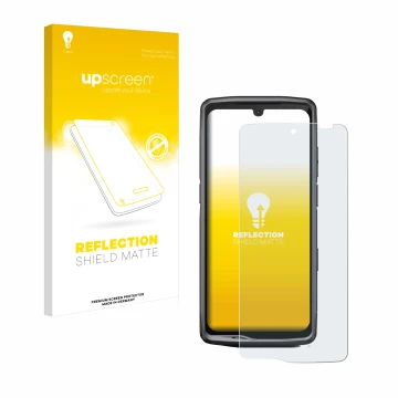 Face avant d’un emballage produit avec le logo de la marque upscreen. À côté, l’appareil Crosscall Stellar M6E est représenté 