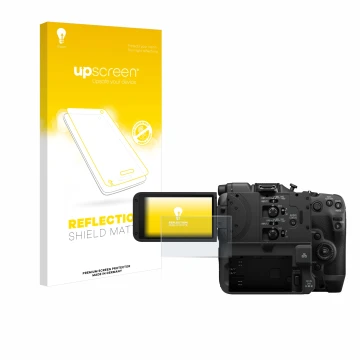 Face avant d’un emballage produit avec le logo de la marque upscreen. À côté, l’appareil Canon EOS C400 est représenté avec la