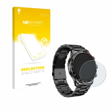 Face avant d’un emballage produit avec le logo de la marque upscreen. À côté, l’appareil Maoo Titan Smartwatch 1.43