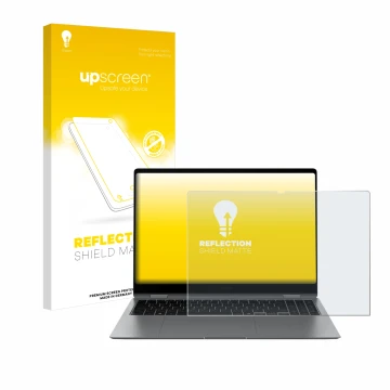 Face avant d’un emballage produit avec le logo de la marque upscreen. À côté, l’appareil Samsung Galaxy Book5 Pro 360 16