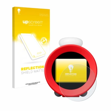 Face avant d’un emballage produit avec le logo de la marque upscreen. À côté, l’appareil Nintendo Sound Clock Alarmo est repré