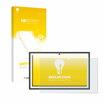 Face avant d’un emballage produit avec le logo de la marque upscreen. À côté, l’appareil Echo Show 21 est représenté avec la p