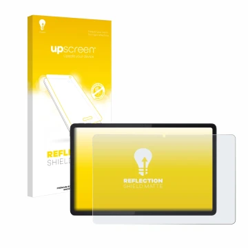 Face avant d’un emballage produit avec le logo de la marque upscreen. À côté, l’appareil Lenovo Tab K11 Plus est représenté av