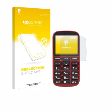 Face avant d’un emballage produit avec le logo de la marque upscreen. À côté, l’appareil Doro 1360 est représenté avec la prot