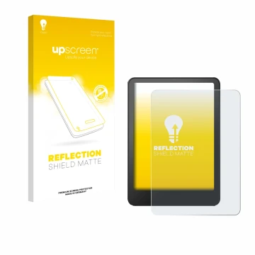 Face avant d’un emballage produit avec le logo de la marque upscreen. À côté, l’appareil Amazon Kindle Paperwhite 2024 Signatu