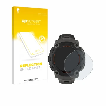 Face avant d’un emballage produit avec le logo de la marque upscreen. À côté, l’appareil Garmin Instinct E (45 mm) est représe