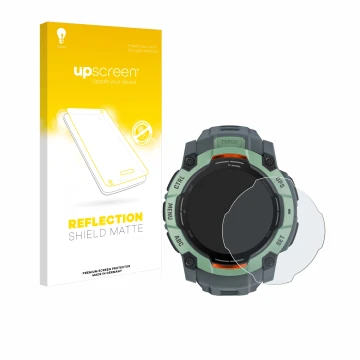 Face avant d’un emballage produit avec le logo de la marque upscreen. À côté, l’appareil Garmin Instinct 3 AMOLED (50 mm) est 