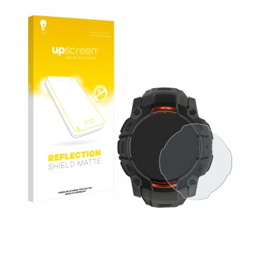 Face avant d’un emballage produit avec le logo de la marque upscreen. À côté, l’appareil Garmin Instinct 3 Solar (50 mm) est r