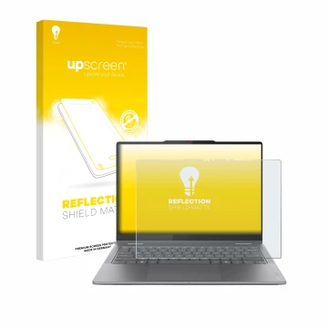 Face avant d’un emballage produit avec le logo de la marque upscreen. À côté, l’appareil Lenovo Yoga 7i 2-in-1 Gen 10 14