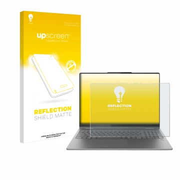 Face avant d’un emballage produit avec le logo de la marque upscreen. À côté, l’appareil Lenovo Yoga 7 2-in-1 Gen 10 16