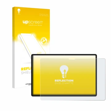 Face avant d’un emballage produit avec le logo de la marque upscreen. À côté, l’appareil Lenovo Yoga Tab Plus 2025 est représe