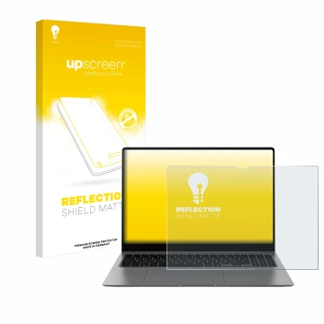 Face avant d’un emballage produit avec le logo de la marque upscreen. À côté, l’appareil Samsung Galaxy Book5 Pro 14