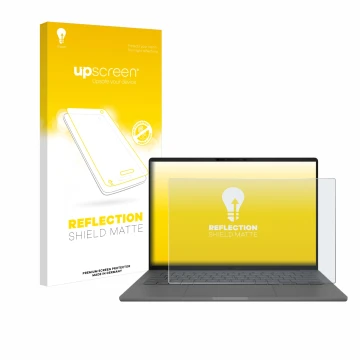 Face avant d’un emballage produit avec le logo de la marque upscreen. À côté, l’appareil ASUS ZenBook A14 UX3407 est représent