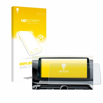 Face avant d’un emballage produit avec le logo de la marque upscreen. À côté, l’appareil BMW Facelift G31 (LCI) (2021) 12.3