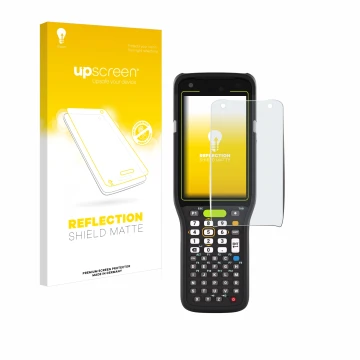 Face avant d’un emballage produit avec le logo de la marque upscreen. À côté, l’appareil Zebra MC3400 est représenté avec la p