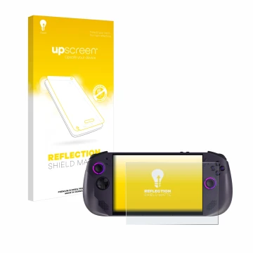 Face avant d’un emballage produit avec le logo de la marque upscreen. À côté, l’appareil Lenovo Legion Go S est représenté ave