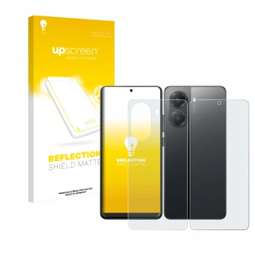 Face avant d’un emballage produit avec le logo de la marque upscreen. À côté, l’appareil Xiaomi Poco X7 Pro (Avant+Arrière) es