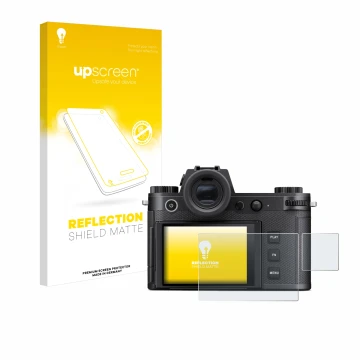 Face avant d’un emballage produit avec le logo de la marque upscreen. À côté, l’appareil Leica SL3-S (Affichage + affichage de