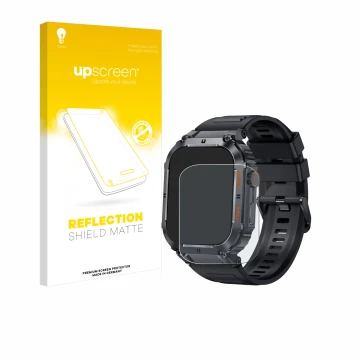 Face avant d’un emballage produit avec le logo de la marque upscreen. À côté, l’appareil bedee Smartwatch 1.96