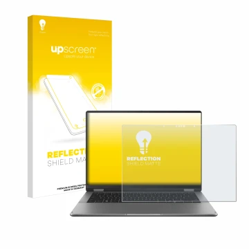 Face avant d’un emballage produit avec le logo de la marque upscreen. À côté, l’appareil ASUS Vivobook 14 Flip TP3407 est repr