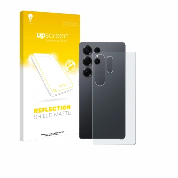 Face avant d’un emballage produit avec le logo de la marque upscreen. À côté, l’appareil Samsung Galaxy S25 Ultra (Arrière) es