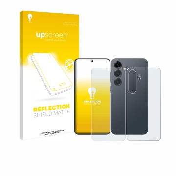 Face avant d’un emballage produit avec le logo de la marque upscreen. À côté, l’appareil Samsung Galaxy S25 (Avant+Arrière) es