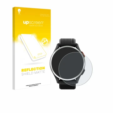 Face avant d’un emballage produit avec le logo de la marque upscreen. À côté, l’appareil Garmin Approach S44 est représenté av