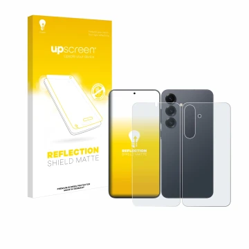Face avant d’un emballage produit avec le logo de la marque upscreen. À côté, l’appareil Samsung Galaxy S25 Plus (Avant+Arrièr