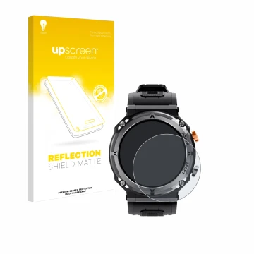 Face avant d’un emballage produit avec le logo de la marque upscreen. À côté, l’appareil Darmowade Smartwatch 1.39