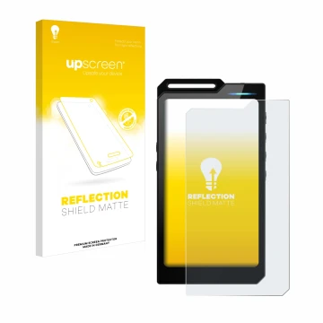 Face avant d’un emballage produit avec le logo de la marque upscreen. À côté, l’appareil Hiby R4 est représenté avec la protec