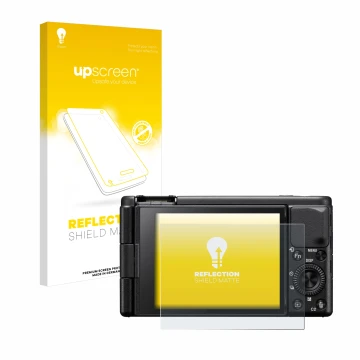 Face avant d’un emballage produit avec le logo de la marque upscreen. À côté, l’appareil Sony ZV-1A est représenté avec la pro