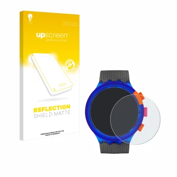 Face avant d’un emballage produit avec le logo de la marque upscreen. À côté, l’appareil Swatch Neon Party est représenté avec
