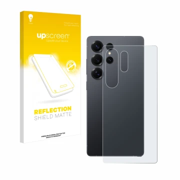 Face avant d’un emballage produit avec le logo de la marque upscreen. À côté, l’appareil Samsung Galaxy S25 Ultra Enterprise E