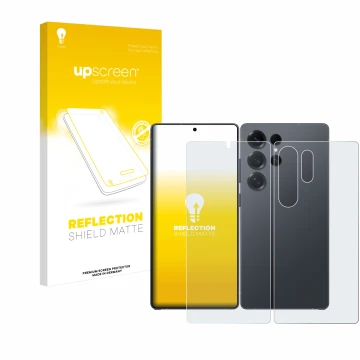 Face avant d’un emballage produit avec le logo de la marque upscreen. À côté, l’appareil Samsung Galaxy S25 Ultra Enterprise E